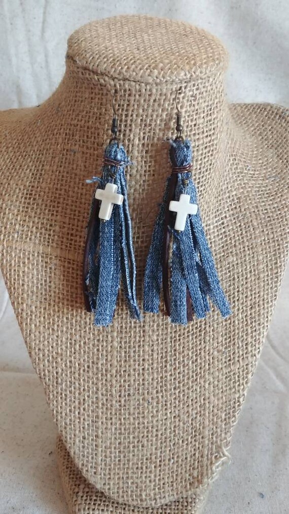 Upcycled Denim and Suede Tassel Earrings