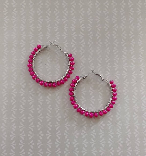 Hot Pink Beaded Hoops