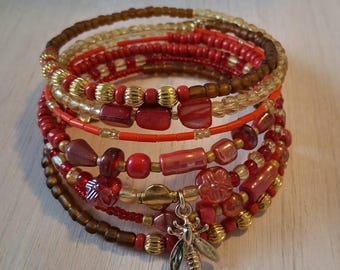 Multistrand Red and Gold Beaded Bracelet, Bee and Flowers Memory Wire Bracelet