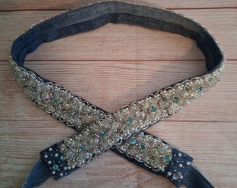 Handmade Beaded Denim Belt, Recycled Denim Tie Belt, Boho Waist Belt, Pearl and Silver Beaded Belt, One of a Kind Denim Accessory