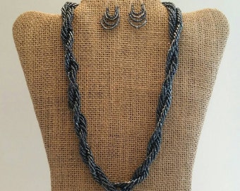 Vintage Metallic Blue Seed Bead Necklace and Earring Set.