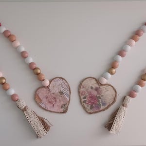 Wood Bead Garland with Rose Heart and Jute Lace Tassle