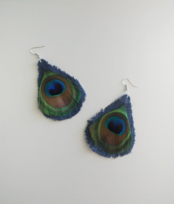 Denim and Peacock Feather Earrings.