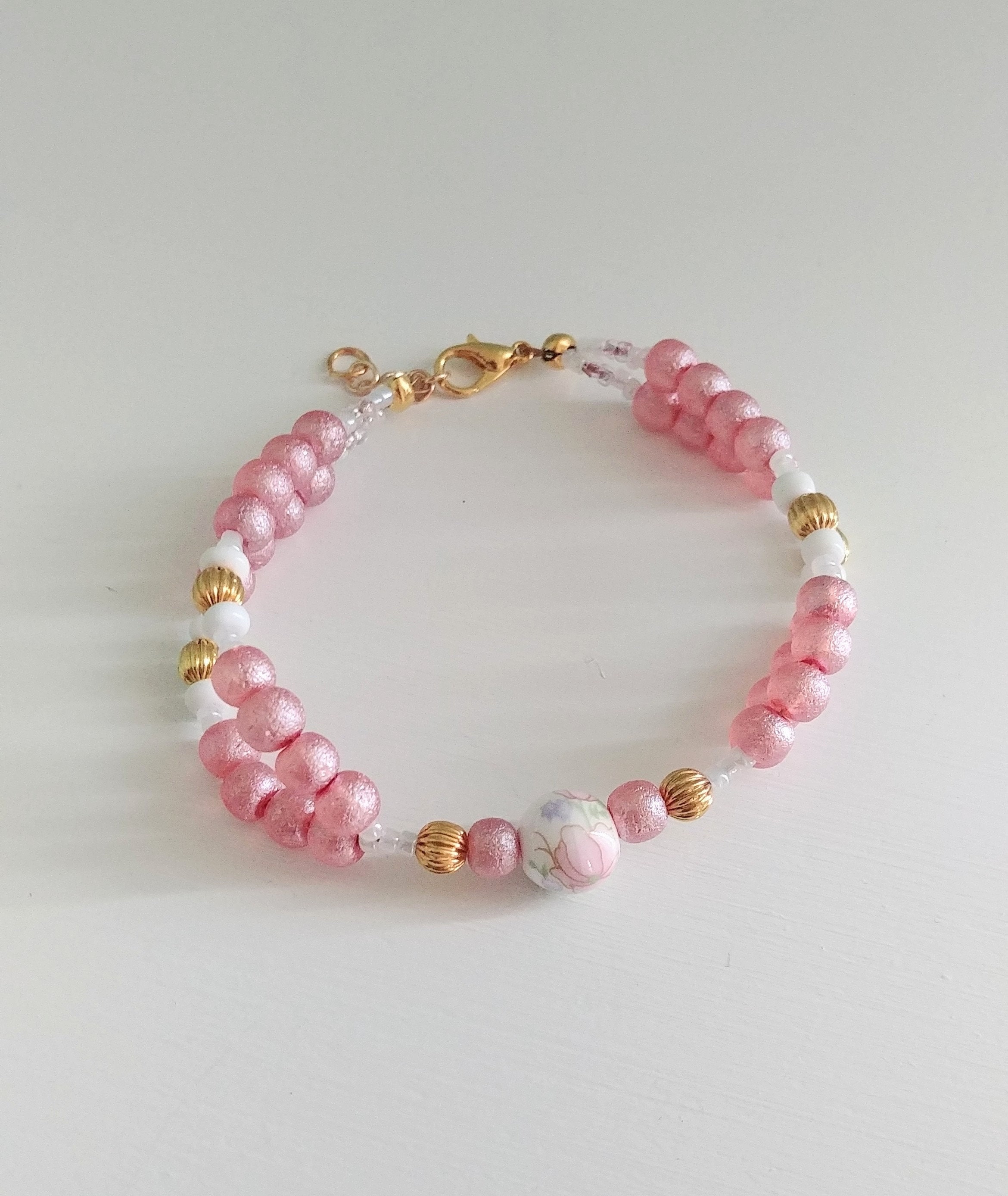 Pink and Gold Beaded Floral Bracelet