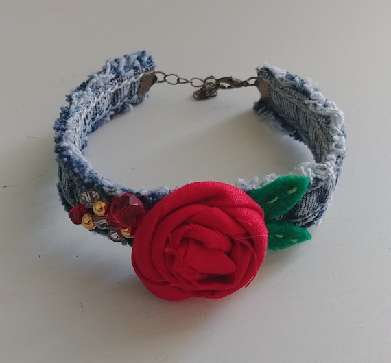 Upcycled Denim and Red Rose Bracelet