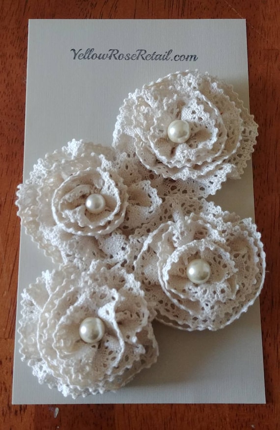 Antique Lace and Pearl Flowers Set of 4