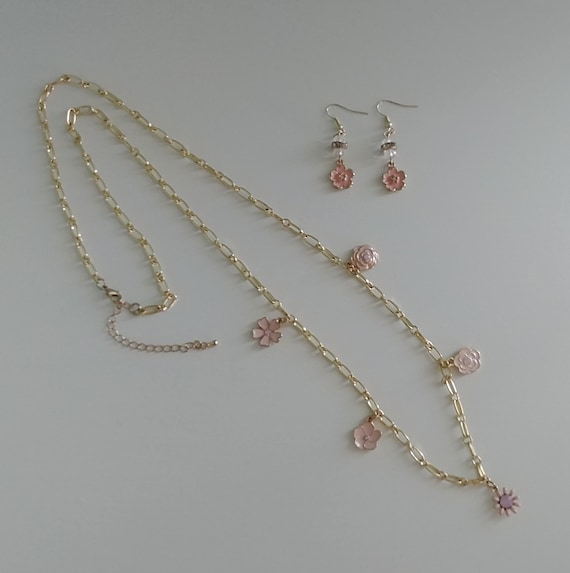 Pink Blossom Necklace and Earring Set