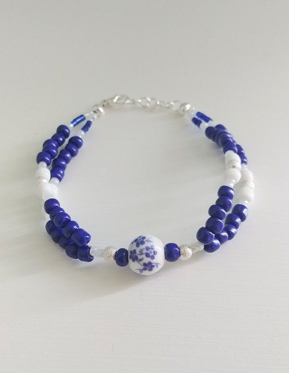 Blue and White Beaded Floral Bracelet