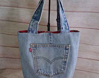 Recycled Levi’s Denim Shoulder Bag, Sugar Skull Lining, Handmade Upcycled Jean Purse, Light Blue Denim Tote, Boho Everyday Bag