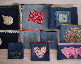 Denim Zipper Pouch, Denim Coin Purse, Cosmetic Bag