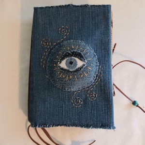 Evil Eye Denim Junk Journal. Recycled Denim Junk Journal. Denim Scrapbook.