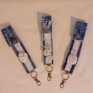Recycled Denim Wristlet Keychain Handmade Denim Key Fob Keychain Denim ...