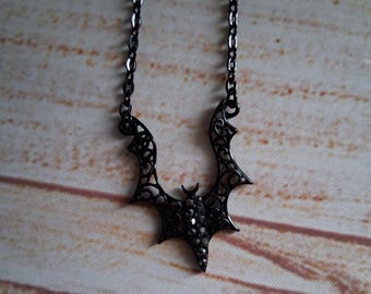 Black Bat Crystal Necklace, Halloween Necklace, Goth Jewelry