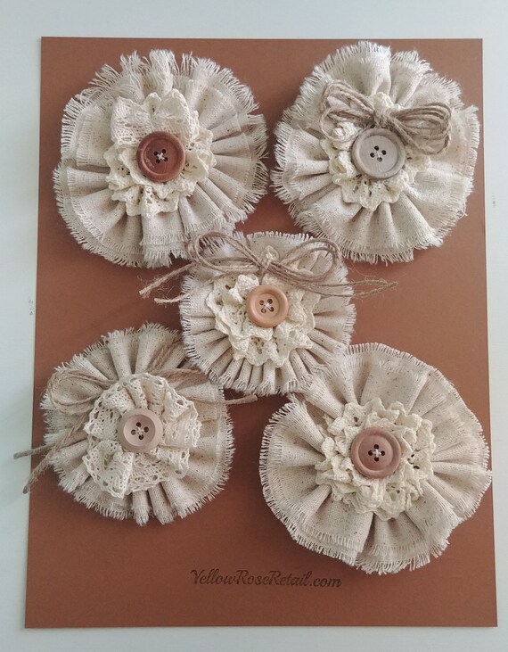 Rustic Farmhouse Fabric and Lace Flowers Set of 5