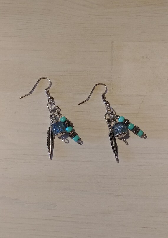 Feather Blues Beaded Earrings