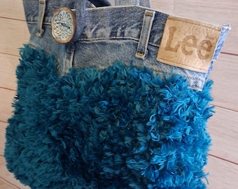Recycled Denim & Faux Fur Handbag, Handmade One of a Kind Purse, Upcycled Lee Jeans Bag