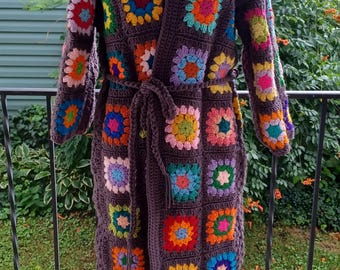 Handmade Crochet Granny Square Robe Duster Long Sweater Coat
