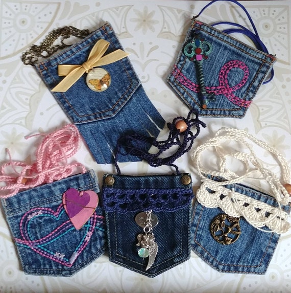 Recycled Denim Pocket Necklace. Talisman Holder. Amulet Pouch.