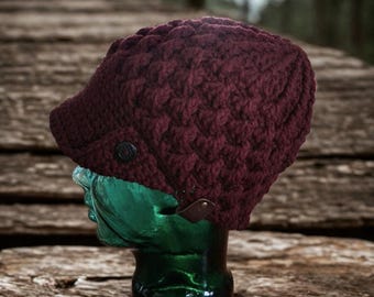 Handmade Womens Peaked Hat in Deep Burgundy Crochet Stylish Winter Hat