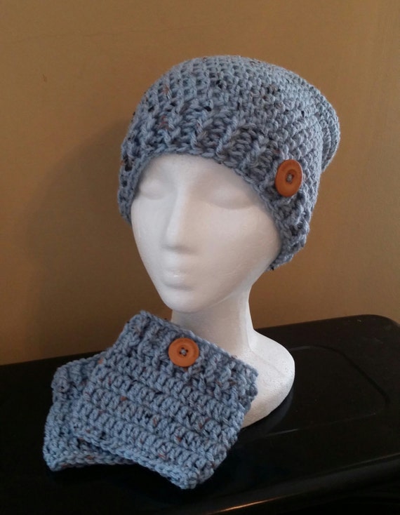 Blue Speckled Child Hat and Boot Cuff Set. Ready to Ship. Free shipping.