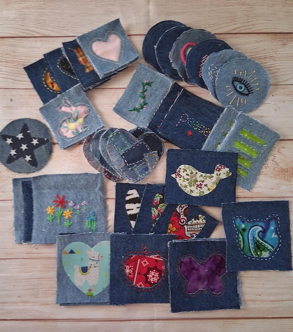 Sew On Recycled Denim Patches, Denim Applique Embroidery Peek-a-Boo Patches for Bags Clothing Crafts