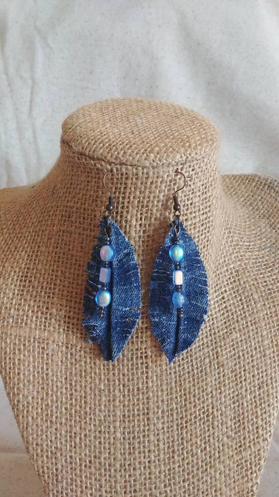 Upcycled Denim Feather and Bead Earrings