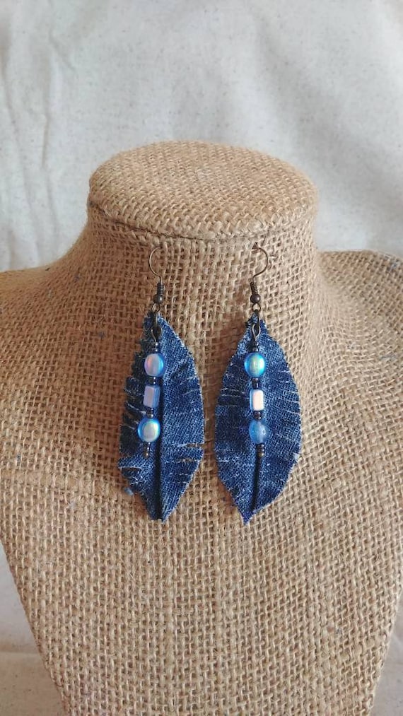 Upcycled Denim Feather and Bead Earrings