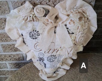 Shabby Chic Paris Heart Pillow – French Country Decorative Pillow – Romantic Lace & Floral Cushion – Paris Print Cottage Chic Decor