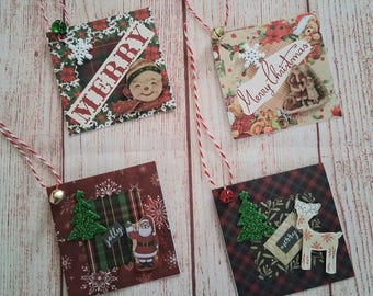 Handmade Vintage Christmas Gift Tags Set of 10 Rustic Holiday Tags with Buttons Bells and Cord Blank Inside