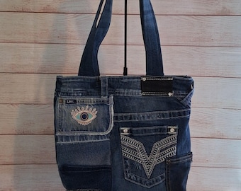 Recycled Denim Shoulder Bag, Patchwork Jean Purse, Upcycled Denim Handbag, Boho Tote Bag, One of a Kind Denim Bag, Sustainable Fashion