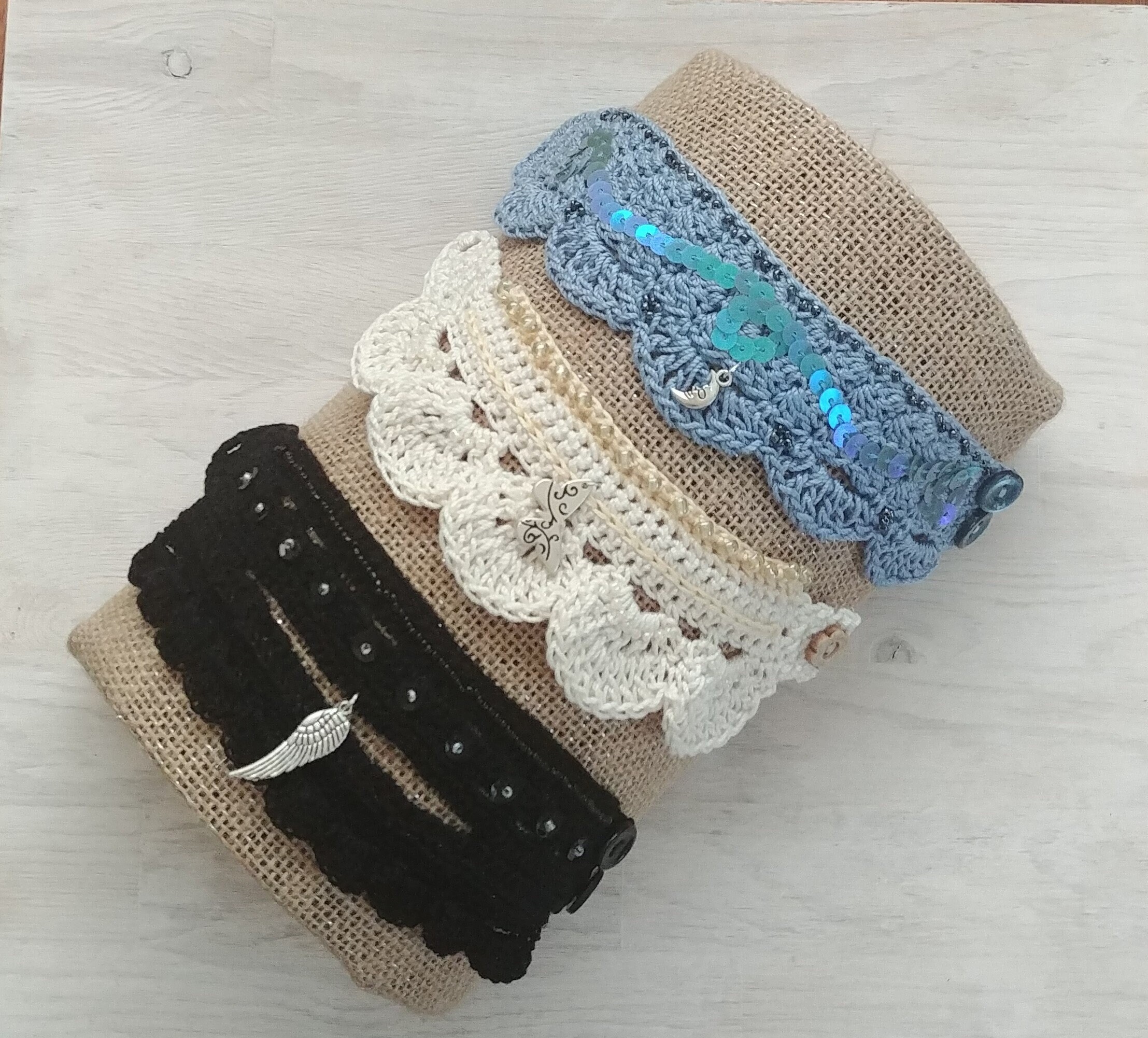Irregular Expressions — beaded crochet bracelet with white and blue-gray...