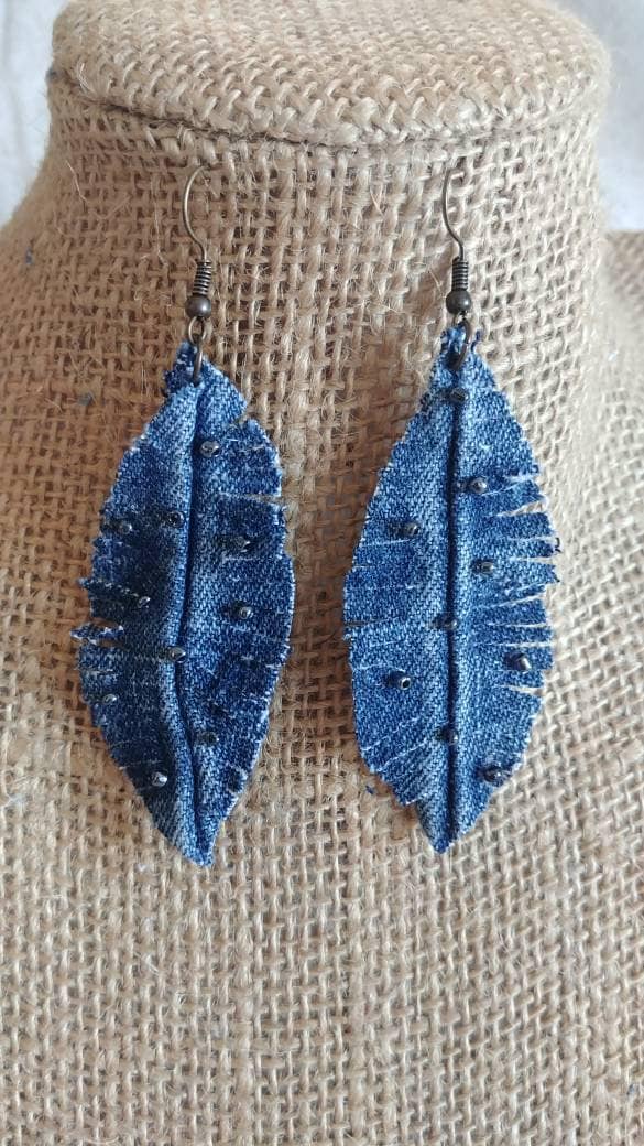 Upcycled Denim Feather Earrings