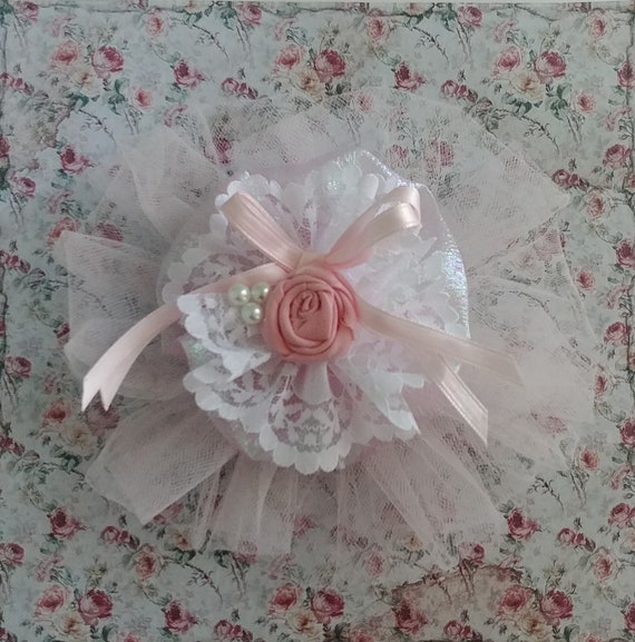 Pink Tulle Rosette and Pearl Flowers Set of 2