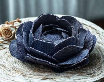 Large Denim Fabric Rose Handmade Recycled Jeans Flower Upcycled Denim Flower Brooch Gift Topper or Craft Supply