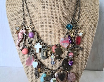 Charm Necklace, Double Strand Necklace, Antique Bronze Statement Necklace