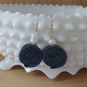 Coiled Denim and Pearl Earrings