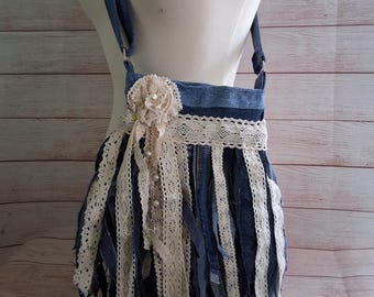 Boho Lace & Denim Fringe Crossbody Bag, Recycled Denim Purse, Romantic Cottagecore Handbag, Handmade Upcycled Jean Bag, Lace Rose Pearl Bag