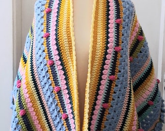 Spring Crochet Shawl, Colorful Striped Shawl with Flower Border, Handmade Crochet Wrap, Popcorn Stitch Shawl, Easter Wrap