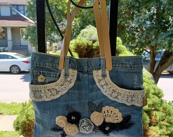 Recycled Denim Bag Antique Lace Bag Shoulder Bag