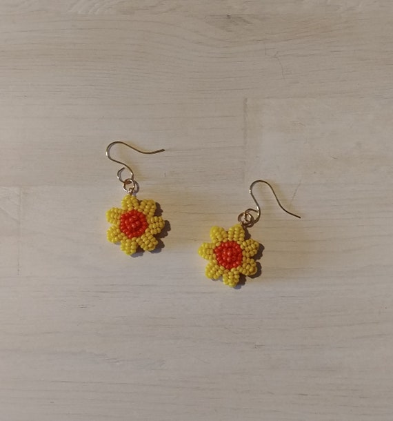 Yellow Beaded Flower Earrings