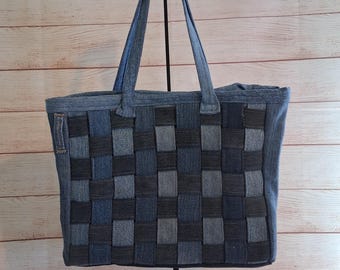 Recycled Denim Basket Weave Bag, Upcycled Jean Purse, Handmade Denim Shoulder Bag, Woven Denim Tote, Sustainable Fashion Bag