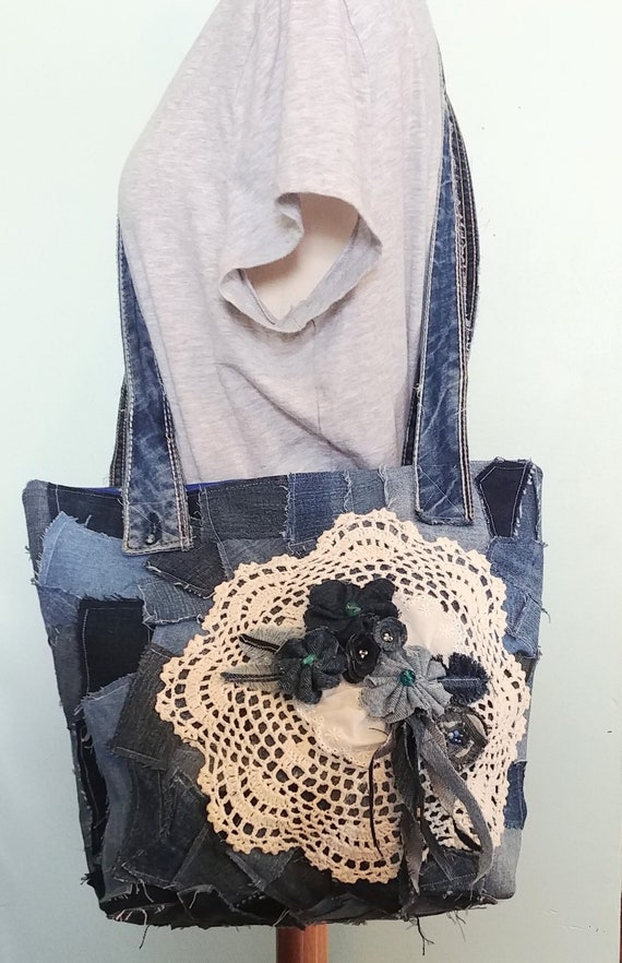 Patchwork Denim and Lace Large Crossbody Bag Upcycled