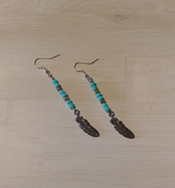 Turquiose and Silver Beaded Stick Earrings