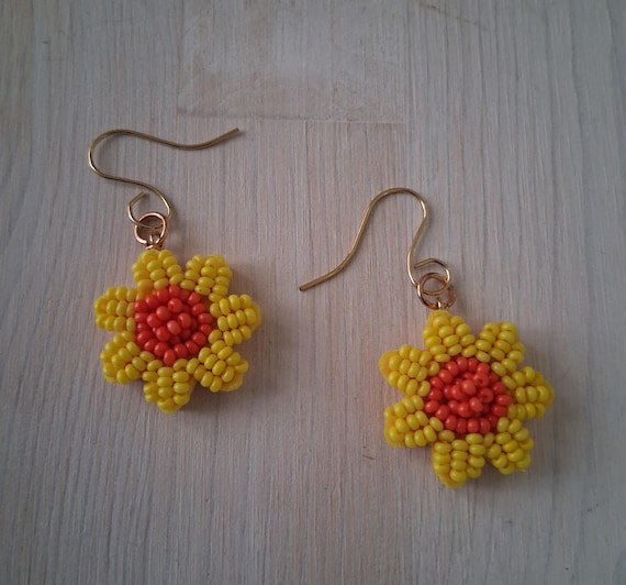 Yellow Beaded Flower Earrings