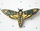 Deaths Head Moth brooch - laser cut wood, from vintage illustration. Death's Head Hawk Moth, Acherontia badge / pin