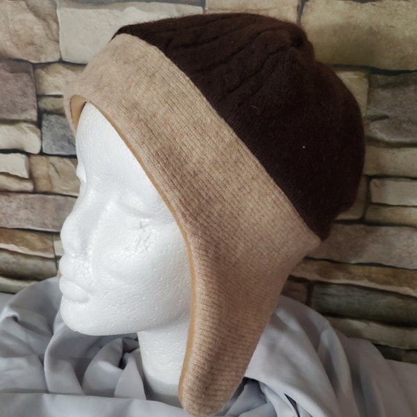 Brown Beige Upcycled Recycled Sweater Wool Cashmere Knit Warm Winter Ear Flap Hat Fleece Lined Buttons