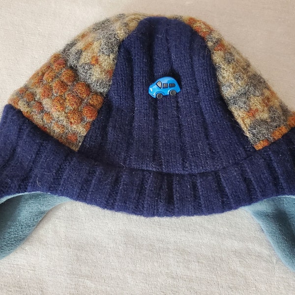 Youth Boy Blue Upcycled Recycled Sweater Wool Knit Warm Winter Ear Flap Hat Fleece Lined