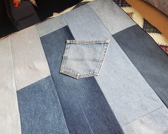 Blue Collar Workers Tribute Upcycled Recycled Denim Jean Patchwork Throw Quilt Blanket Flannel Lined