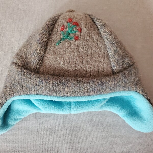 Youth Girl Gray Aqua Upcycled Recycled Sweater Wool Knit Warm Winter Ear Flap Hat Fleece Lined