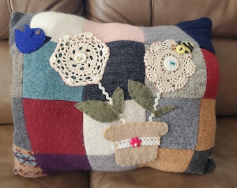 Upcycled Wool Patchwork Decorated Throw Pillow